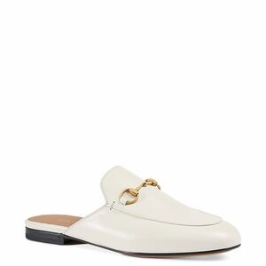 Gucci White Leather Mules with Gold Accent